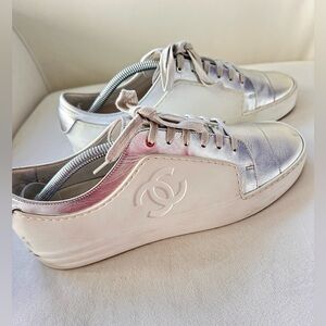 Authentic Chanel CC Sneakers White And Metallic Grey Shoes EuSize 42 US 9